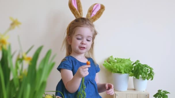 Paskalya Günü Tavşan Kulağı Takan Şirin Bir Kız Çocuğu Komik — Stok video