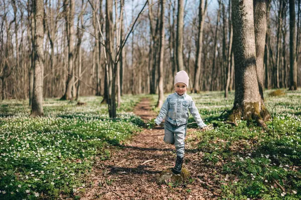 森の茎の上に立っているジーンズジャケットの愛らしい3歳の少女の肖像画は 森の花の花束を保持するエモーンで覆われています ハッピー チャイルド ストック画像