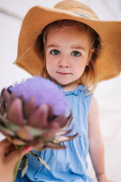 Aranyos Kis Éves Lány Szalmakalapban Nagy Articsóka Virággal Előtérben Fiatal Stock Kép