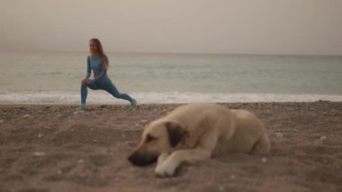 Spor elbiseli genç kadın sabahları plajda esniyor. Evsiz köpek ön planda yatıyor.