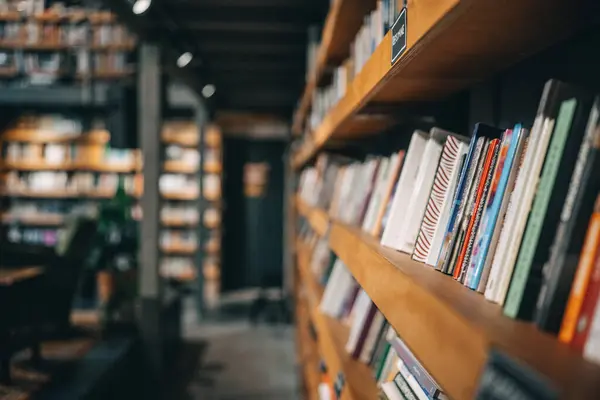 stock image Library bookshelf: colorful spines, warm wood, neatly organized. Perfect for calm reflection and study