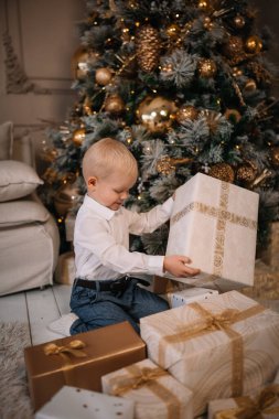 Bir çocuk, sarılı hediyelerle ve rahat bir ortamda neşeli bir ağaçla çevrili bir hediyeyi hevesle açar..