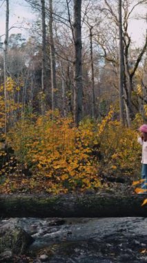 Kot pantolonlu ve pembe şapkalı bir kadın, sonbaharda renkli sonbahar yapraklarıyla çevrili sakin bir derenin kenarındaki devrilmiş bir ağaçta yürüyor..