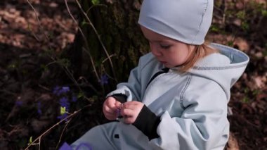 Menekşe çizmeli küçük kız ve elinde mor çiçekle bahar ormanındaki ağacın altında oturmuş menekşe çiçekleriyle kaplanmış Hepatica nobilis