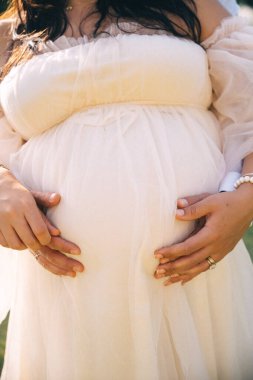 Hamile bir kadın gün batımında sakin bir yerde dururken bebeğine şefkatle dokunur..