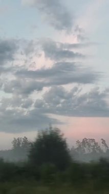 Sakin bir manzara, bulutlar ve uzaktaki ağaçları kaplayan sis ile renkli bir gündoğumu gösterir..