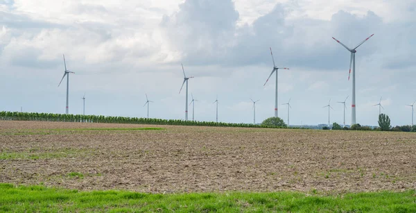 Wind park renewable energy wind turbines behind an agricultural field during cloudy day, mainz, germany, side view