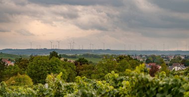 Wind park with lots of modern renewable energy wind turbines in the evening, vine plants forest and village in front, cloudy day