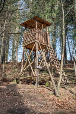 Deer stand made of wood in the woods with ladder, low angle view, forest in the background, vertical shot