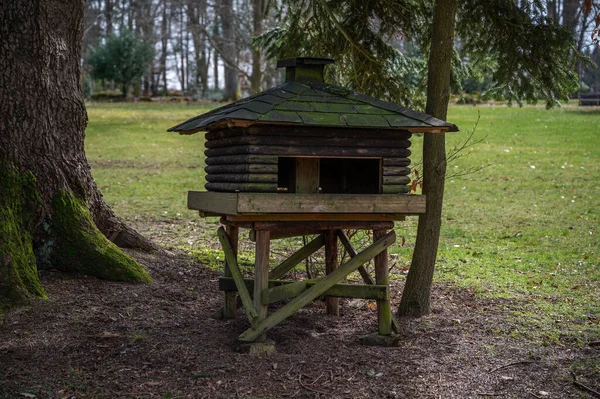 stock image Large massive Bird house made of wood underneath a tree at Englischer Garten Eulbach, Germany