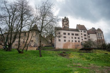 Bulutlu bir günde güzel Ronneburg Kalesi 'nin manzarası. Önünde çayır, alçak açılı Almanya.