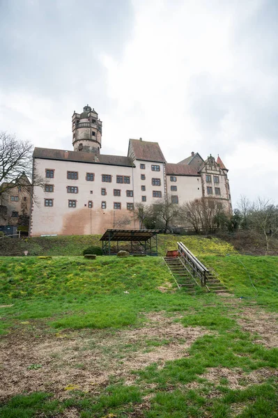View of the beautiful Ronneburg Castle during cloudy day, meadow in front, low angle view Germany, vertical shot