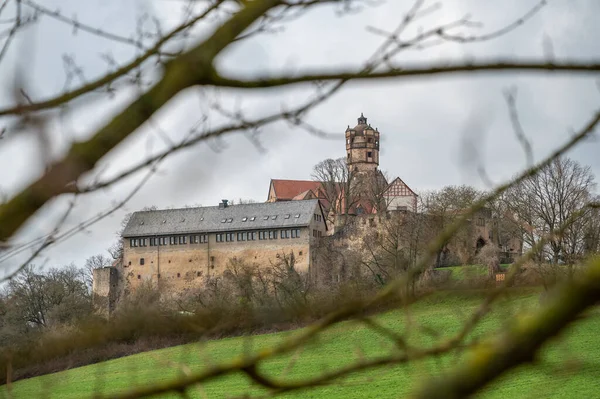 Beautiful Ronneburg Castle during cloudy day on top of a hill with branches of a tree in front, Germany