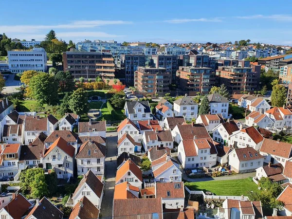 Cityscape of Stavanger with lots of buildings, landscape aerial drone shot during sunny day