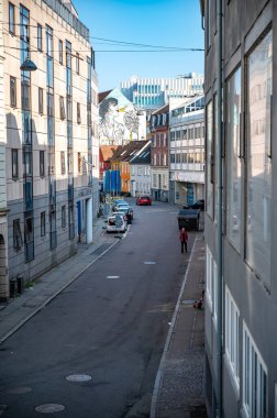 Aarhus 'taki şehir caddesinde, Danimarka' da bir ev duvarında kuş resimleri var.