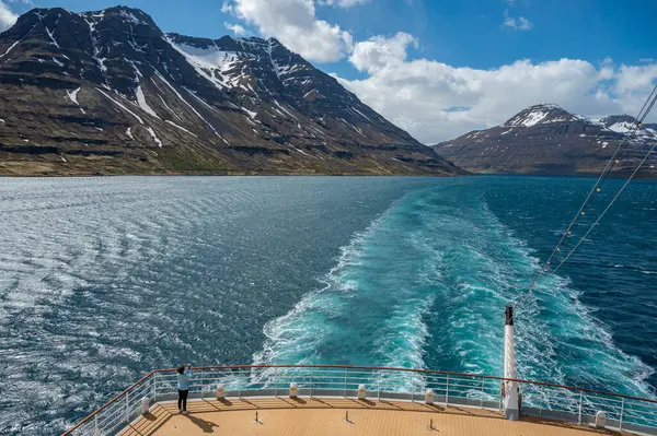 Rückansicht Von Einem Kreuzfahrtschiff Auf Einem Fjord Der Nähe Von — Stockfoto