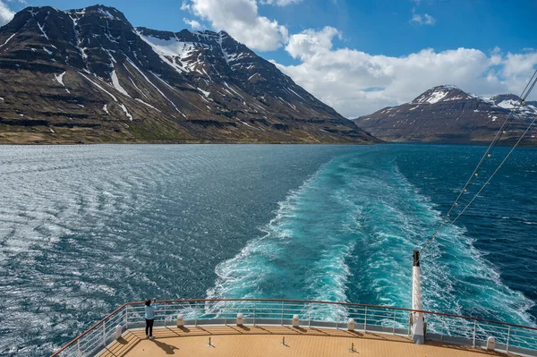 Rückansicht Von Einem Kreuzfahrtschiff Auf Einem Fjord Der Nähe Von lizenzfreie Stockfotos