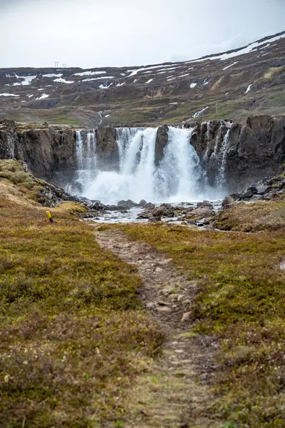 Piękny Wodospad Seydisfjordur Islandia Śnieżnymi Górami Tle Ujęcie Pionowe — Zdjęcie stockowe