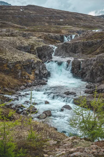 Hermosas Cascadas Seydisfjordur Islandia Con Montañas Nieve Fondo Tiro Vertical —  Fotos de Stock