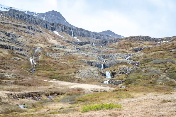 アイスランドのシーディスフィヨルム近くのさまざまな滝の山の景観の多く — ストック写真