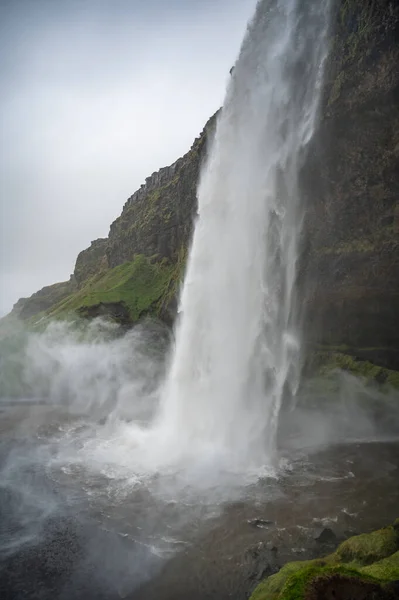 Seljalandsfoss Waterfall Side View Rainy Weather Iceland Vertical Shot — Stock Photo, Image