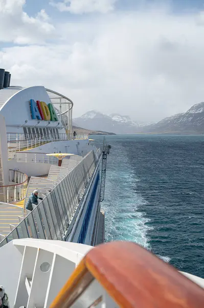 アイスランドのシーディスフィヨルド近くのフィヨルドのAidaベラクルーズ船 霧の多い天候の間 Aidaのロゴとボートデッキ 垂直ショット — ストック写真