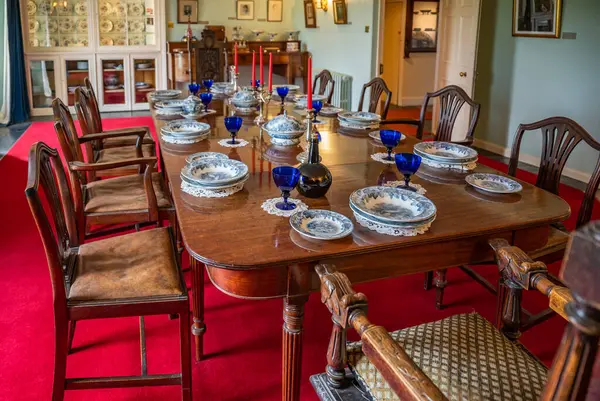 Large wooden dining table indoors at Skaill House museum, Orkney Island, Scotland