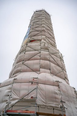 Westerhever Deniz Feneri inşaatı Kuzey denizi, alçak açı, Almanya, dikey çekim