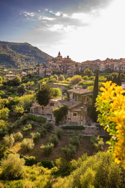 Valldemossa şehri, gün batımında Majorca, dikey çekim, önünde çiçekler, Mallorca