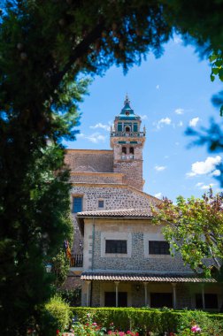 Iglesia de la Cartuja Kilisesi Kulesi, Valldemossa, Majorca, güneşli bir günde ağaçların önünde dikey çekim, Mallorca