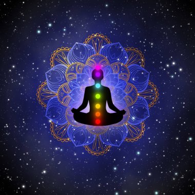 Silhouette meditation man with his cosmic power, luxury mandala, and the great of the universe illustration concept design for background.