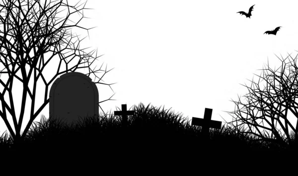 坟场上有墓碑 上面挂着鬼怪的枯树 还有两只蝙蝠在右边的顶上飞来飞去 — 图库照片