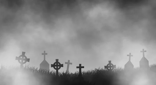 Kyrkogården Dimman Kvällen Halloween Många Gravstenar Kyrkogården Viloplats För Döda — Stockfoto