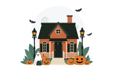 Cadılar Bayramı perili evi ve dekorasyonu dışarıda. Dolunay ve arka planda üç yarasa..