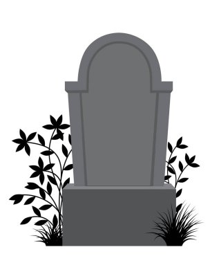 Beyaz arkaplanda klasik mezar taşı ve yabani otlar grafik element tasarımı.