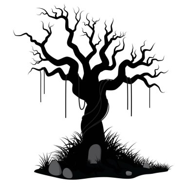 Siluet Cadılar Bayramı ağacı. Yerde mezar taşı ve çimenler.. 