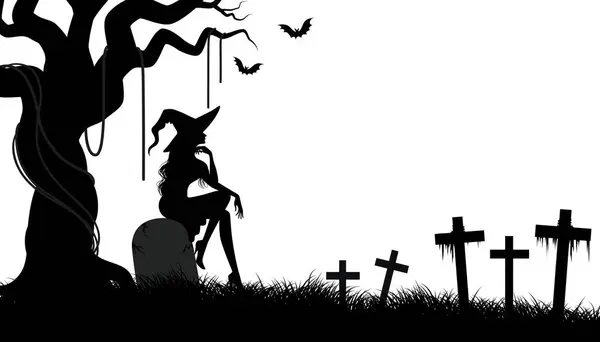 stock image Silhouette witch sitting on gravestone under spooky tree at graveyard two bats flying above. 