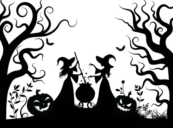 Black magic witches spell the words and cooking poison in magic pot. Silhouette illustration for Halloween.