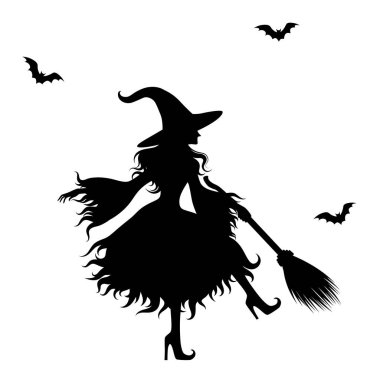 Silhouetee Witch süpürgesi ve üç sopasıyla dans ediyor. Cadılar Bayramı için İllüstrasyon.