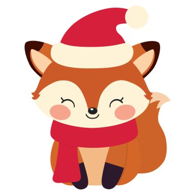 Kışın kırmızı şapkalı ve eşarplı Noel tilkisi. Noel süslemesi için şirin grafiksel tasarım.