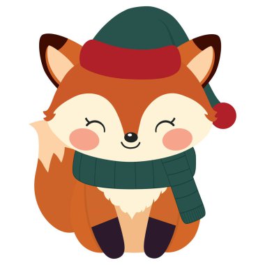 Kışın yeşil şapkalı ve yeşil eşarplı Noel tilkisi. Noel için grafiksel element tasarımı.