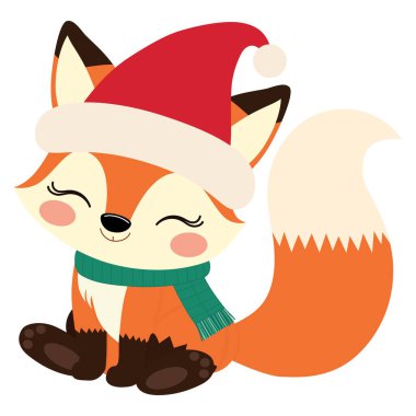 Beyaz arka planda kırmızı şapkalı ve yeşil eşarplı şirin Noel Tilkisi..