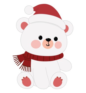 Beyaz arka planda şirin Noel Ayısı ve kırmızı eşarp grafik tasarımı. Vektör illüstrasyonu.