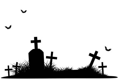 Resim, beyaz bir arkaplan üzerinde bir mezarlığın siyah bir siluetini tasvir ediyor. Çimlerle çevrili haçlı birkaç mezar taşı görülebilir. Ayrıca gökyüzünde uçan üç yarasa daha var. Ürkütücü atmosfere ekliyorlar..