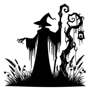 Büyücü ve sihirli değneği, Cadılar Bayramı için korkunç illüstrasyon tasarımı olan biriyle bazı kelimeleri heceliyor..