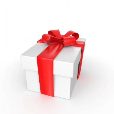 Beyaz arkaplanda kırmızı kurdeleli hediye kutusu