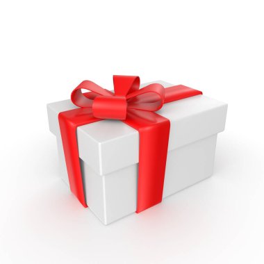 Beyaz arkaplanda kırmızı fiyonklu hediye kutusu