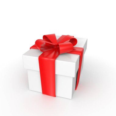 Beyaz arkaplanda kırmızı fiyonklu hediye kutusu