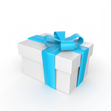 Beyaz arkaplanda mavi kurdeleli hediye kutusu