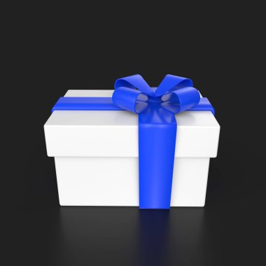 3d rendering of a blue gift box with a bow on a black background